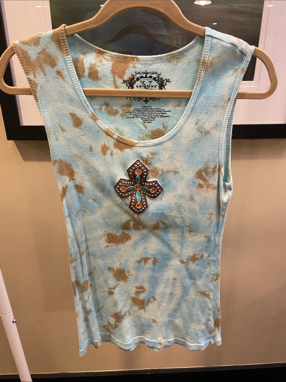 V. Cristina. Lg. Blue Tie-Dye Tank Top with Embellished Cross